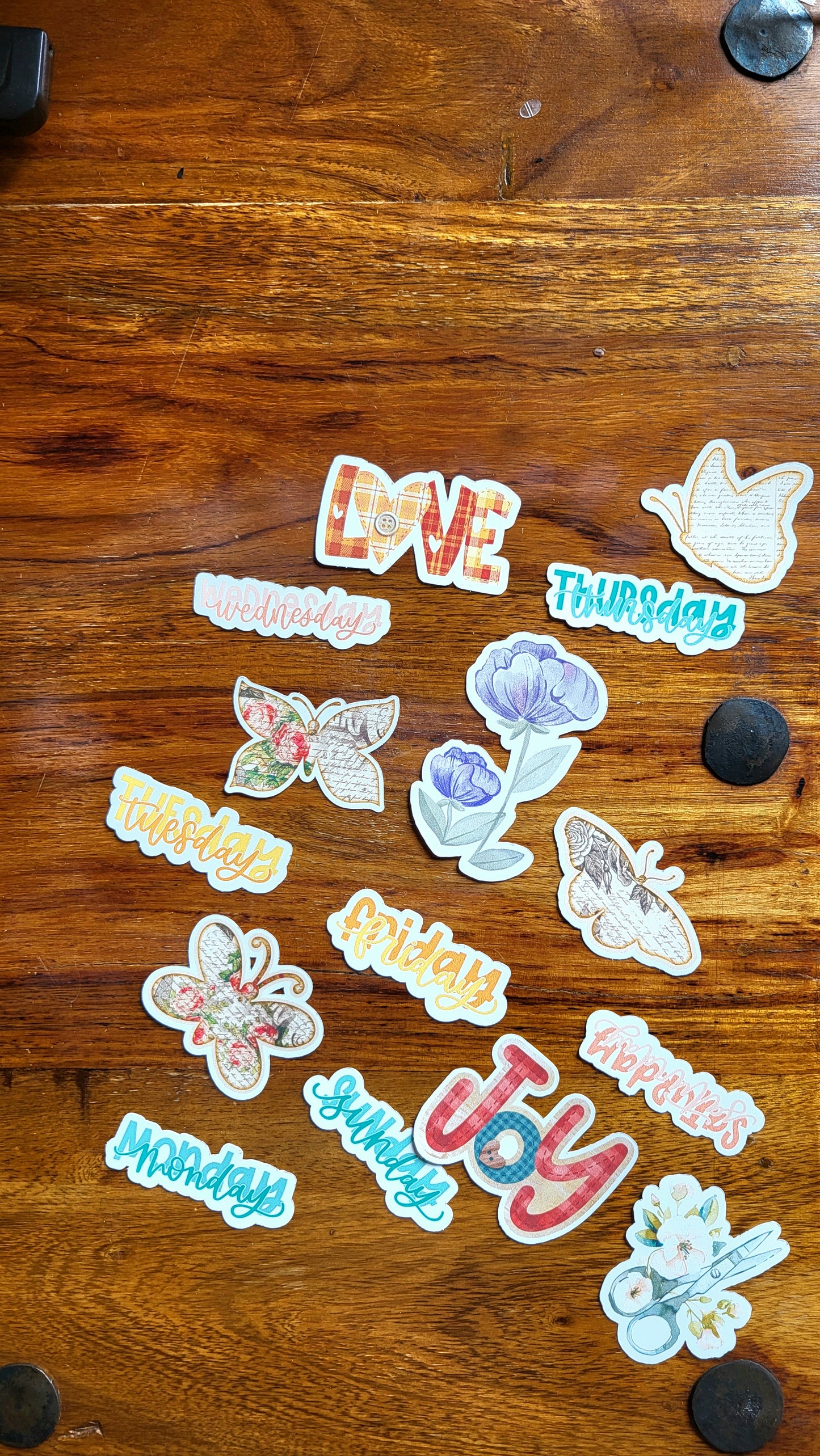 Vintage Scrapbooking Sticker Set – Wochentage, Schmetterlinge & Blumen | Planner & Journaling Aufkleber