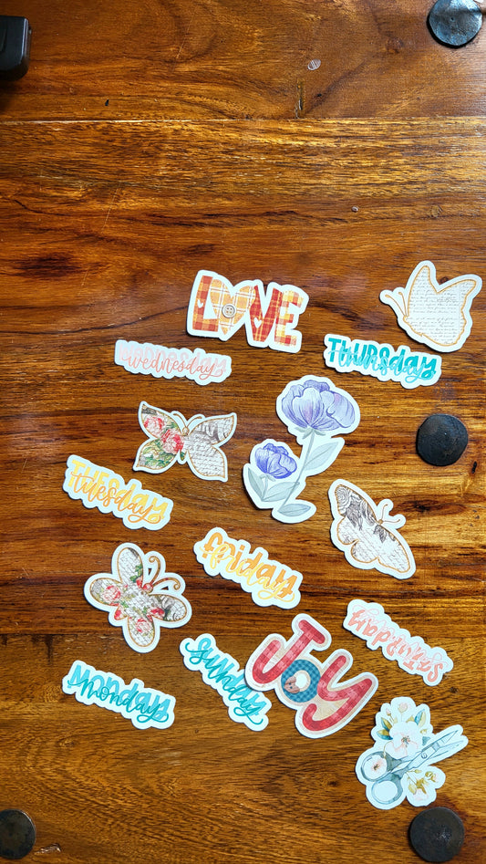 Vintage Scrapbooking Sticker Set – Wochentage, Schmetterlinge & Blumen | Planner & Journaling Aufkleber